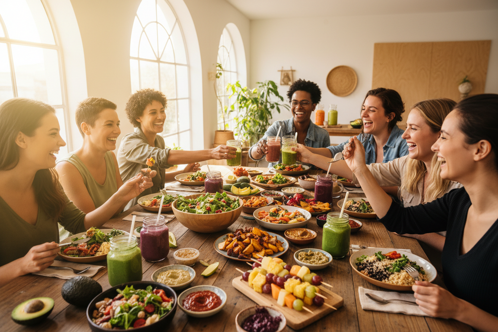 Group of people enjoying a meal together at a dining table with various dishes and drinks.