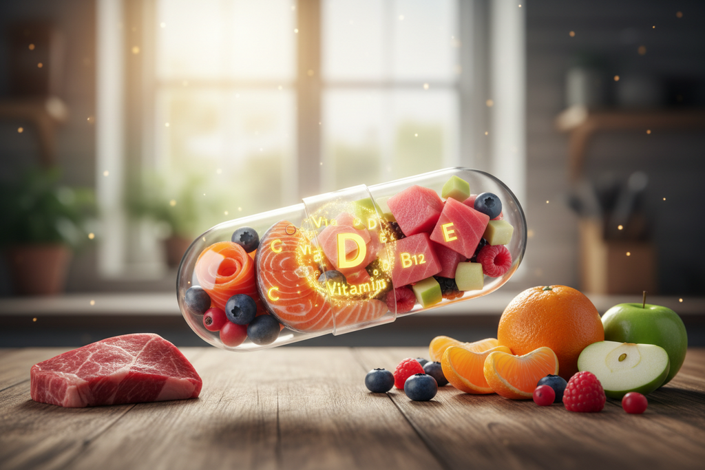 Vitamin capsule with colorful vitamins surrounded by fruits and a piece of meat on a wooden surface.